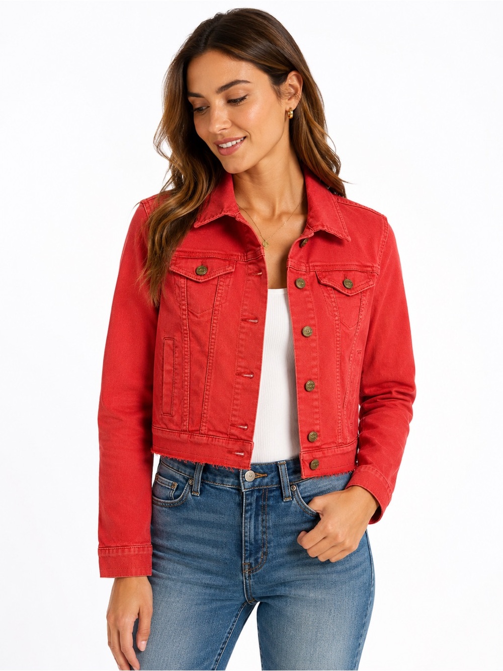 LOFT Women’s XS Coral Red Stretch Denim Trucker Jacket Raw Frayed Hem Cropped